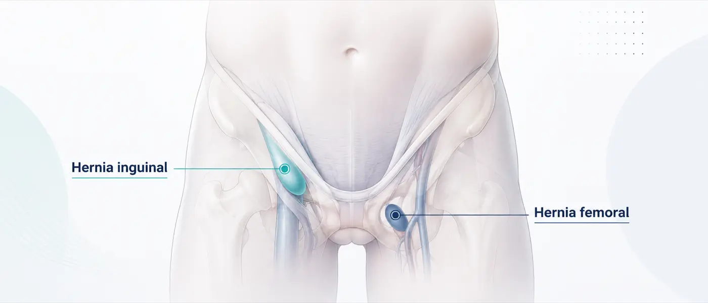 Ilustración de la localización de una hernia inguinal y una hernia femoral