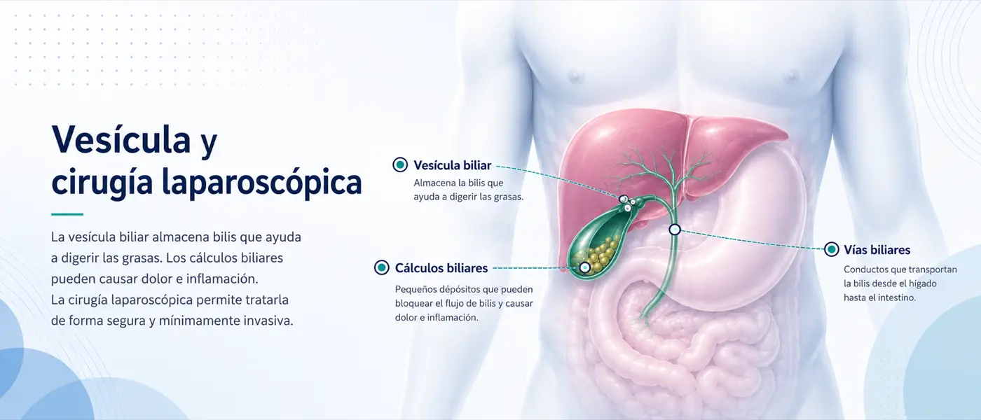 Diagrama médico de la vesícula biliar que muestra cálculos biliares y vías biliares